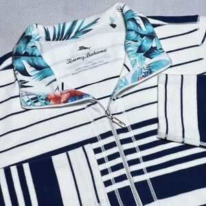 Tommy Bahama 1/4 Zip Pullover‎ Womens Large Nautical Navy Stripe Floral Collar